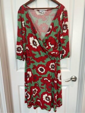 Blue Platypus Floral Faux-Wrap A-Line Dress | Green & Red Poppies | Size XL